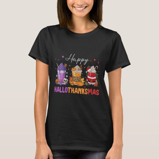 T-shirt Womens Happy Hallothanksmas Halloween Thanksgiving (Devant)