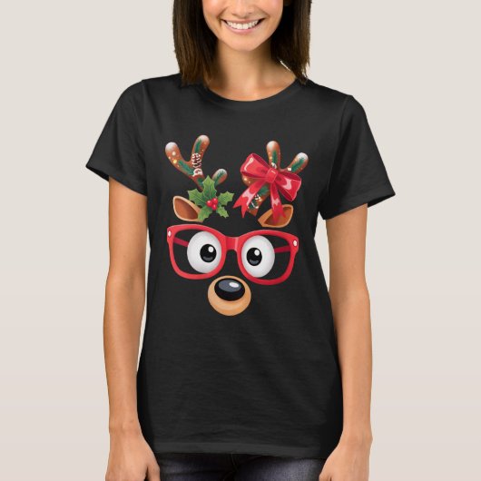 T-shirt Womens Matching Family Christmas Reindeer Face Gle (Devant)