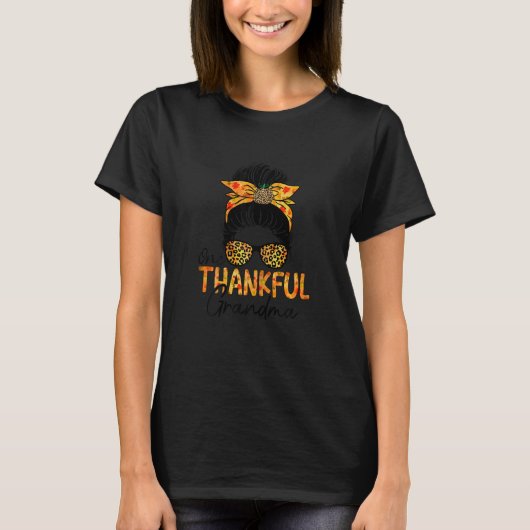 T-shirt Womens One Thankful Grandma Leopard Messy Bun Than (Devant)
