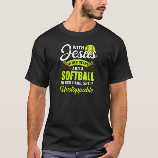 T-shirt Womens Softball With Jesus And A Softball She Is U (Devant)