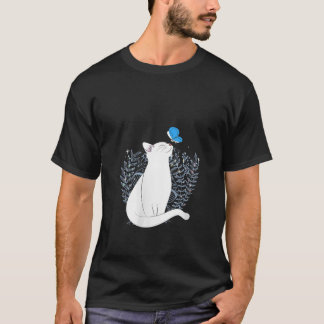T-shirt Womens White Cat and Blue Butterfly Animal Whimsic