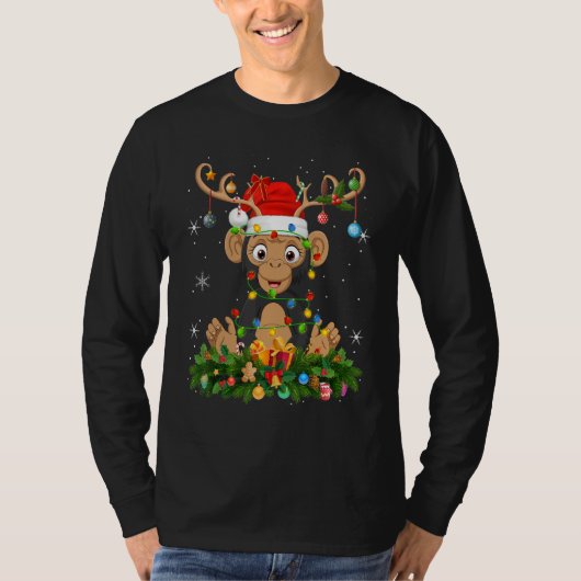 T-shirt Xmas Holiday Reindeer Hat Santa Chimpanzee Christm (Devant)