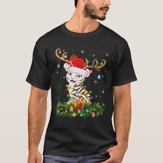 T-shirt Xmas Lighting Reindeer Santa Hat White Tiger Chris (Devant)