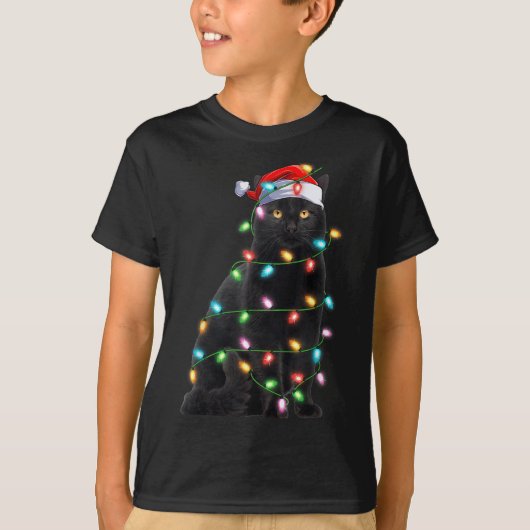 T-shirt Xmas Lights Santa Hat Black Cat Christmas (Devant)
