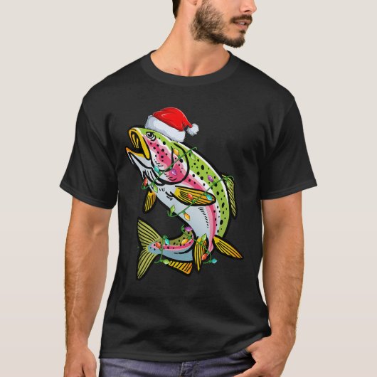 T-shirt Xmas Lights Santa Hat Rainbow Trout Fish Christmas (Devant)