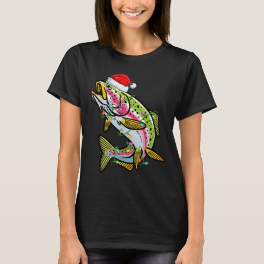T-shirt Xmas Lights Santa Hat Rainbow Trout Fish Christmas (Devant)