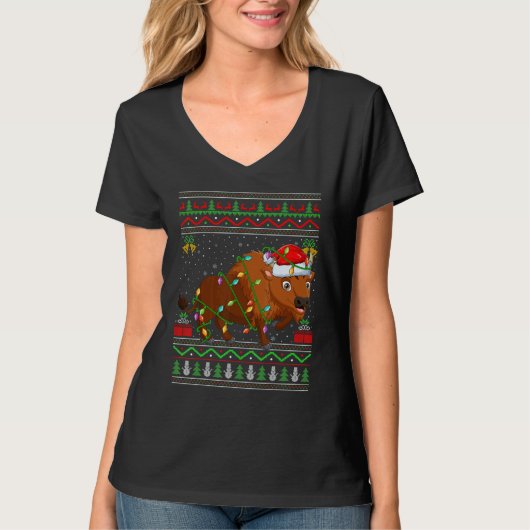 T-shirt Xmas Lights Ugly Sweater Style Santa Bison Christm (Devant)