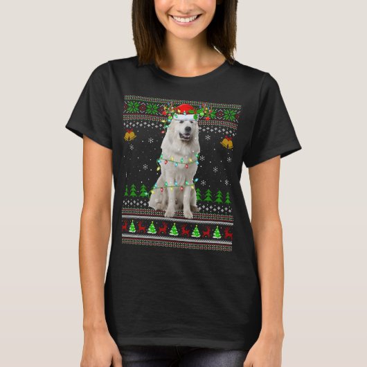 T-shirt Xmas Reindeer Santa Hat Great Pyrenees Chien Ugly (Devant)