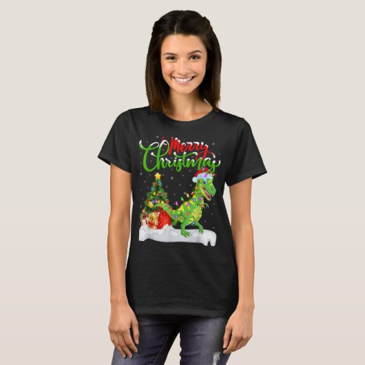 T-shirt Xmas Tree Lights Santa Hat T Rex Dinosaur Christma (Devant entier)