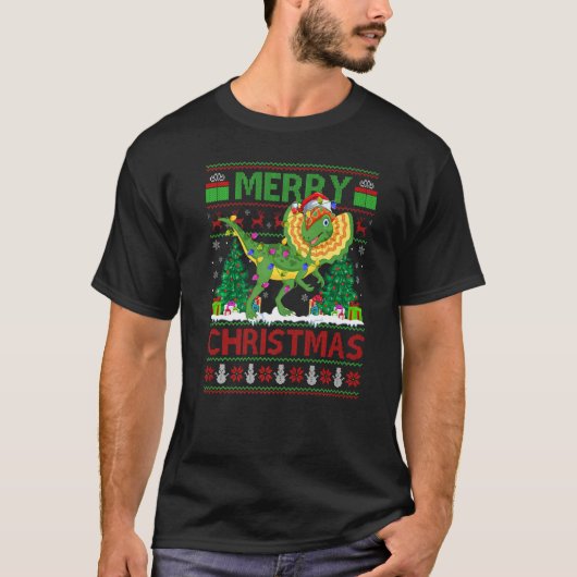 T-shirt Xmas Tree Lights Ugly Santa Dilophosaurus Dinosaur (Devant)