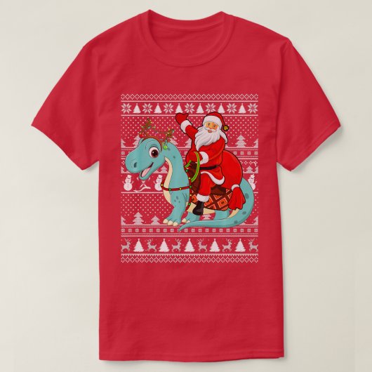T-shirt Xmas Ugly Père Noël équitation Brontosaurus Dinosa (Design devant)
