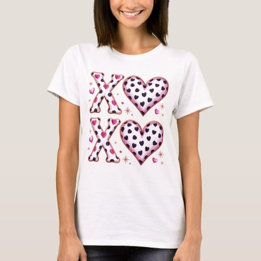 T-shirt XOXO Valentine Hearts Leopard Pink Preppy Pattern (Devant)