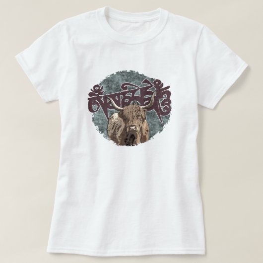 T-shirt Yak tibétain avec mantra mani (OM MANI PADME HUM) (Design devant)