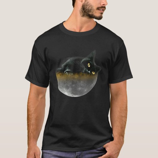 T-shirt Yellow Eyes Black Cat Sleeping On Big Moon  Galaxy (Devant)