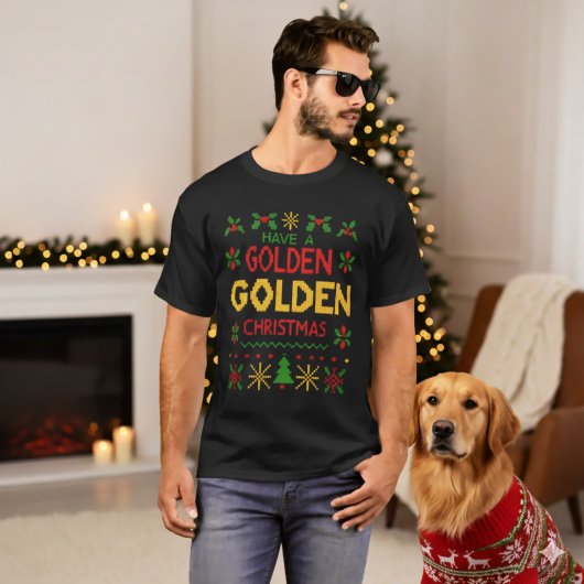 T-shirt Yellow Red Retro Knit Golden Christmas Pattern