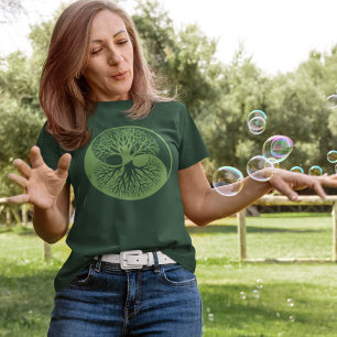 T-shirt Yin Yang Banyan Arbre de vie vert monochromatique