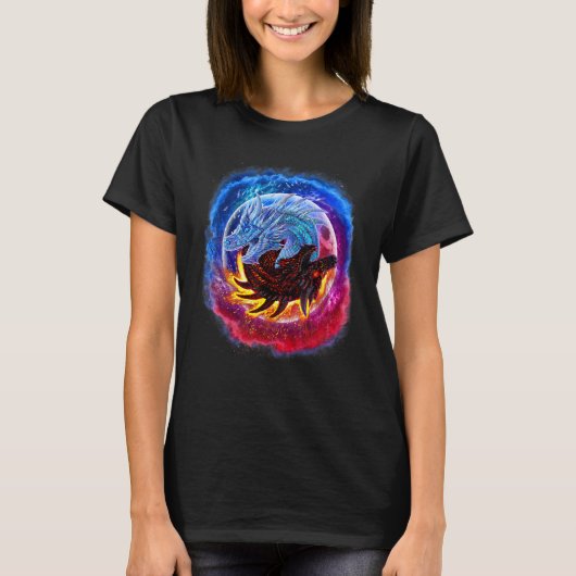 T-shirt Yin Yang Glace et Dragon de feu dans l'espace (Devant)