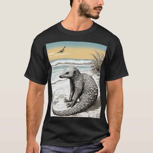 T-shirt Yoga Pangolin à la plage : Encre complexe Illustra (Devant)