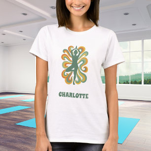 T-shirt Yoga pose tourbillons rétro vert orange nom