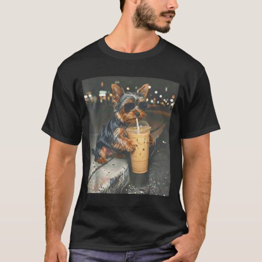 T-shirt Yorkie buvant du café glacé mème animal drôle chie (Devant)