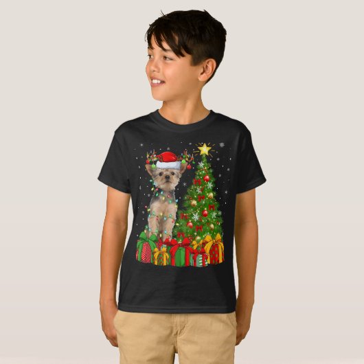 T-shirt Yorkie Chien Éclairage Xmas Arbre Santa Hat Yorkie (Devant entier)