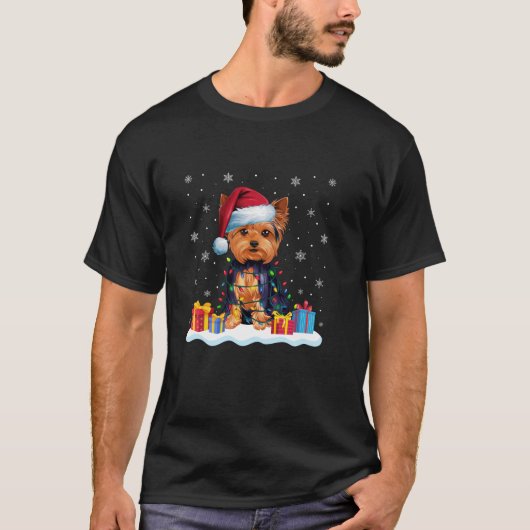 T-shirt Yorkshire Terrier Santa Hat Arbre de Noël Lumière (Devant)