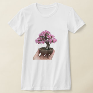 T-shirt Zen in Palm: Miniature Blooming Azalea Bonsai Art