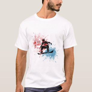 T-shirts met een man dat op een snowboard springt.