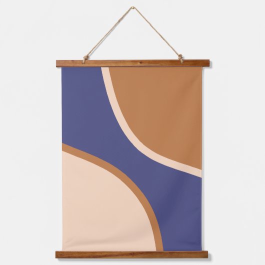 Taan en blauw minimalistische spiraalvormen en ran hangend wandkleed (Voorkant)