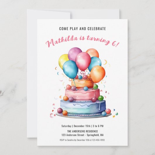 Taart Ballonnen Regenboog Meisjes Verjaardagsfeest Kaart (Voorkant)