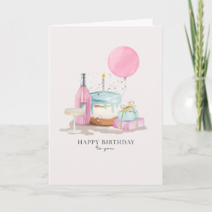 Taart, champagne & cadeaus gelukkige verjaardag kaart