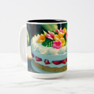 Taart met bloemen en fruit op de top en een bloem tweekleurige koffiemok