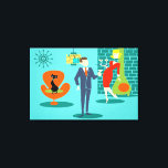 Tabac en toile Couple de l'âge de l'espace rétro<br><div class="desc">Chérie, je suis à la maison ! Ce dessin rétro Space Age Couple Stretched Canvas Print vous fera sentir envieux du couple de dessin animé sur une impression de toile étirée! L'aménagement est composé d'un arrière - plan turquoise en briques turquoises et d'une cheminée à cônes vert olive. Un chat...</div>