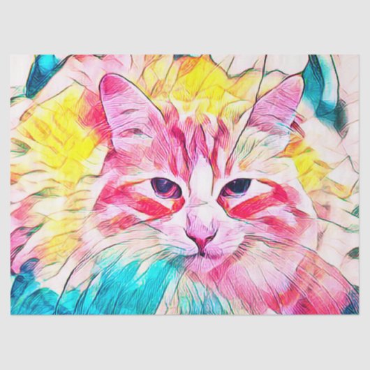 Tabblad Cat Design Pink Yellow Blauwgroen Art Desi Tissuepapier (Voorkant)
