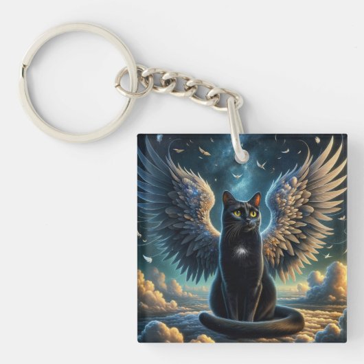 Tabby Angel Cat Zittend op een Cloud Sleutelhanger (Voorkant)