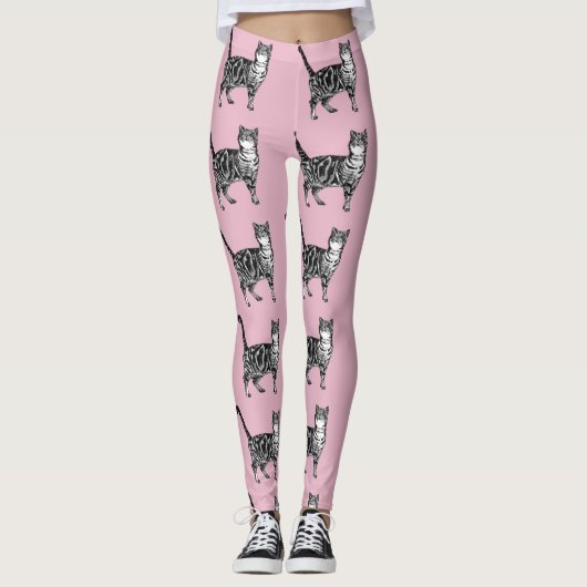 Tabby Cat Animal Black en Roze Leggings (Voorkant)
