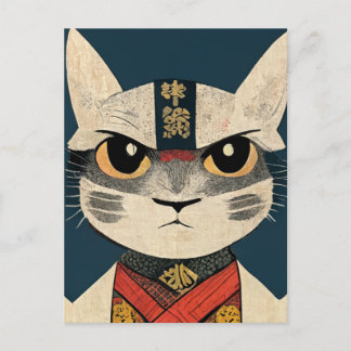 Tabby Cat as Nobunaga Oga in Japanese  Wood Wall A Briefkaart