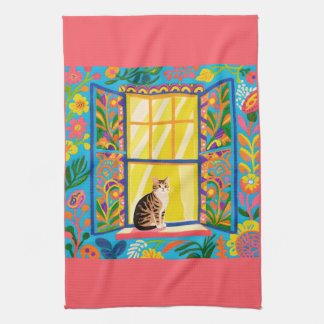Tabby Cat at Sunny Window T Towel | Colorful Flora Theedoek