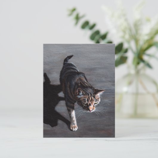 Tabby Cat au soleil avec carte postale ombre (Debout devant)