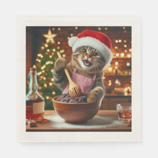 Tabby cat baking boozy christmas pudding servet
