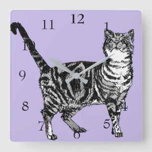 Tabby Cat Cats Art Animal Pastel Paars Lavender Vierkante Klok