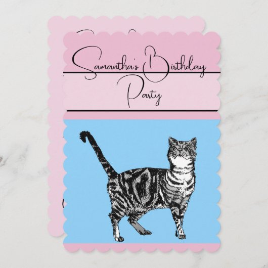 Tabby Cat Cats Roze blauwe verjaardag Uitnodiging (Voorkant / Achterkant)