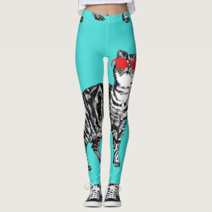 Tabby Cat Cool Animal Leggings Noirs et Aqua