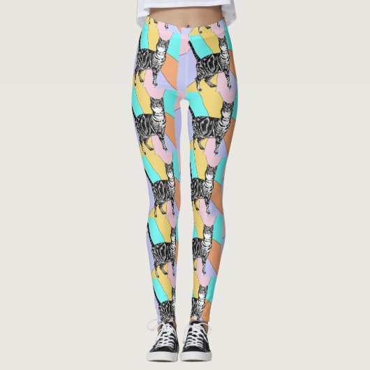 Tabby Cat Cool Animal Pastel Harelquin Leggings (Devant)