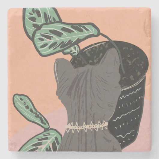Tabby Cat Grey Planten Two-Tone Stenen Onderzetter (Voorkant)