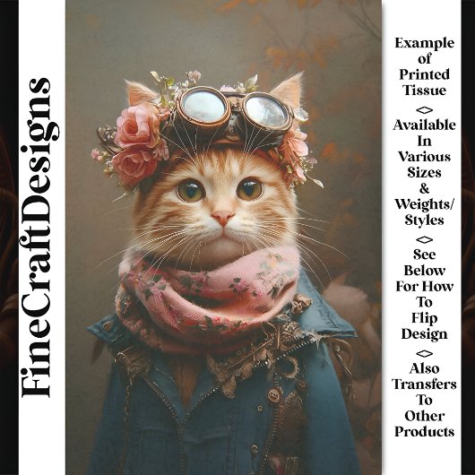 Tabby Cat in roze sjaal & jas CD6 Decoupage Tissuepapier