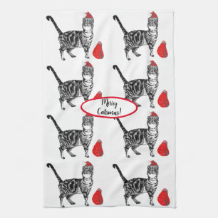 Tabby Cat Kerstmis Cool Cat Red White Tea Towel Theedoek
