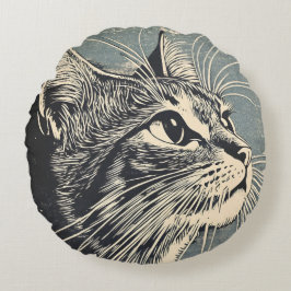 Tabby Cat Lino Print Rond Kussen