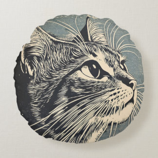Tabby Cat Lino Print Rond Kussen