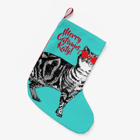 Tabby Cat Merry Catsmus Aqua Kerstkous Kleine Kerstsok (Voorkant (Hangend))